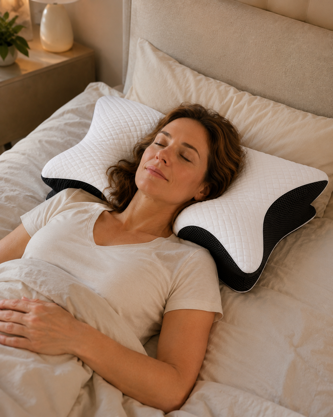 Femme dormant sur le dos, nuque alignée sur l'oreiller Nudrea
