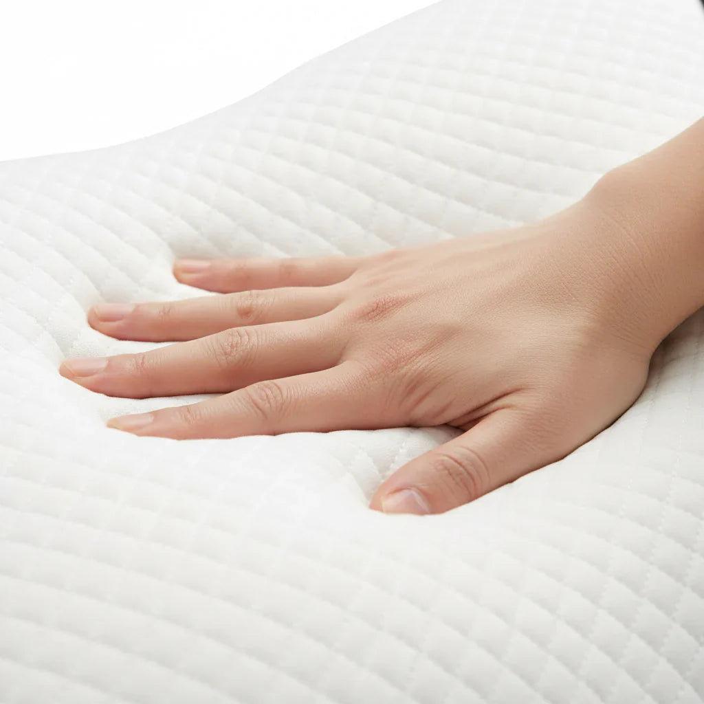 Main pressant la mousse a memoire de forme de l oreiller Nudrea
