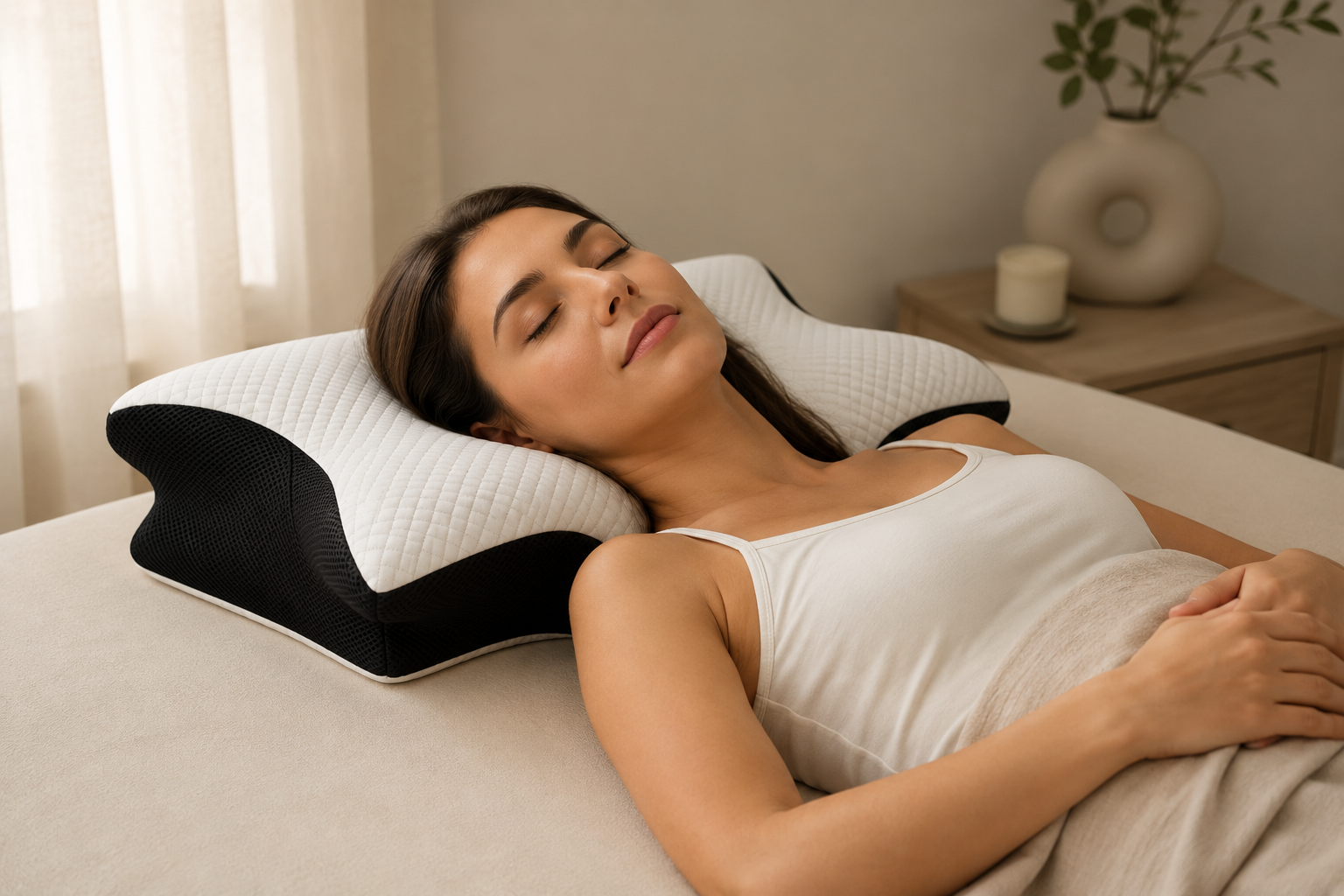 Femme dormant sur le dos, nuque alignee sur l oreiller Nudrea