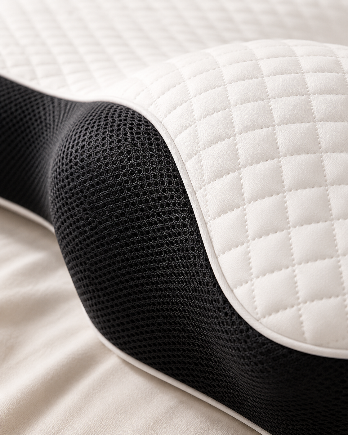 Détail housse matelassée et maille 3D respirante de l'oreiller Nudrea